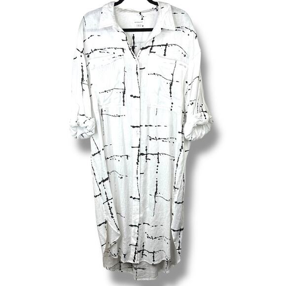 Westbound Black Abstract Button Down Linen Collar T-Shirt Midi Dress Large - Picture 1 of 6